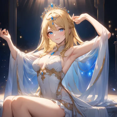 The image depicts a high resolution, high quality, HD scene featuring a beautiful female, elegant and confident, with long, flowing golden blonde hair adorned by a delicate beaded headpiece. She has bright blue eyes that radiate intelligence and charm, acc...