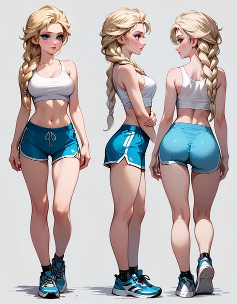 score_9, score_8_up, score_7_up, sketch_sheet, solo, 1girl, (Elsa, blonde, braid:1.3), dominant gorgeous girl, same character, perfect lips, tall, (Sexy gym girl), tight blue dolphin shorts, cropped white tank top, sideboob, sneakers, frontal body view, ba...