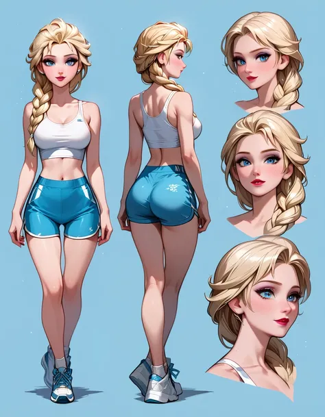 score_9, score_8_up, score_7_up, sketch_sheet, solo, 1girl, (Elsa, blonde, braid:1.3), dominant gorgeous girl, same character, perfect lips, tall, (Sexy gym girl), tight blue dolphin shorts, cropped white tank top, sideboob, sneakers, frontal body view, ba...