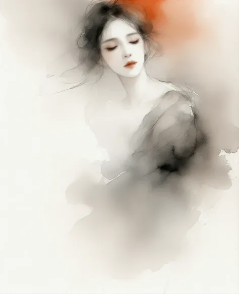 Brush watercolor,  of a woman ,  soft spots and artistic blur, gray sketch , beige sketch , terracotta. 