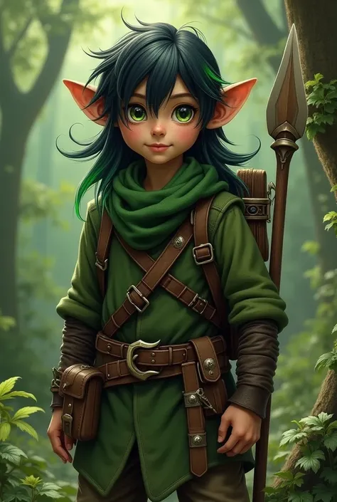 He is a forest gnome who looks like a 14-year-old. He is among the tallest among the other gnomes, with green eyes and rather long black hair with a green tip. He carried a spear on his back and now he was a forest guard with nature magic