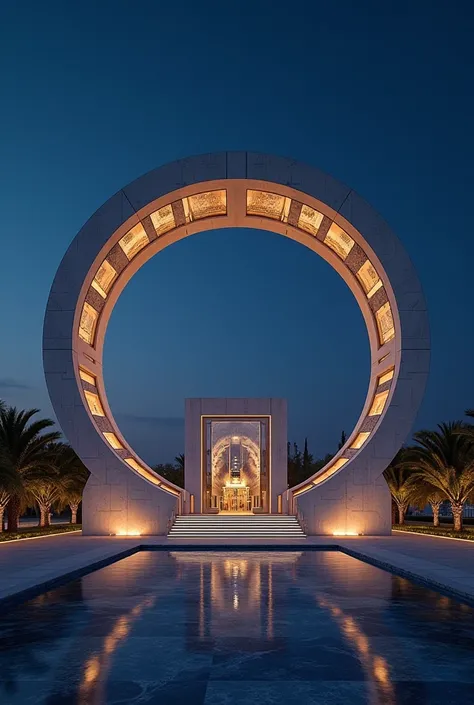 The building is shaped like the letter O and is very elegant at night