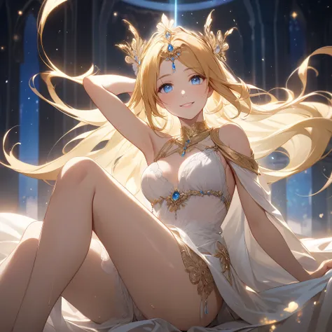 The image depicts a high resolution, high quality, HD scene featuring a beautiful female, elegant and confident, with long, flowing golden blonde hair adorned by a delicate beaded headpiece. She has bright blue eyes that radiate intelligence and charm, acc...