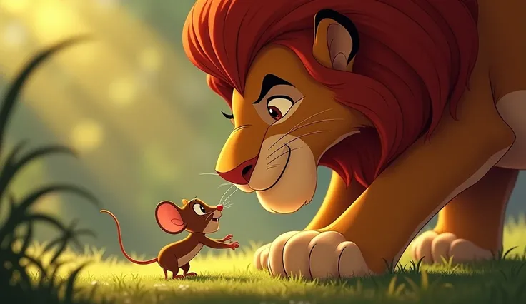 Mouse climbing onto the lion's paw unknowingly, curious about his surroundings
 Animated Disney