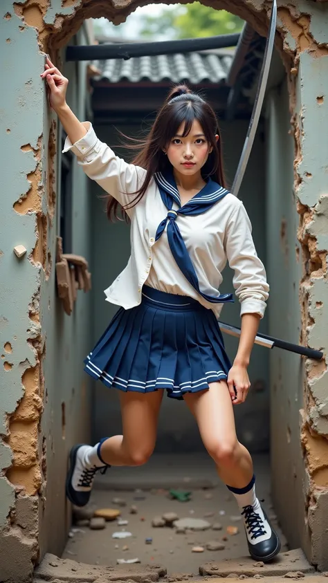 A young woman in a tattered school uniform leaps upward from a crumbling wall, her twin ninja swords poised for action. Her movements are swift, precise, and imbued with an understated elegance, showcasing the discipline of her hidden ninja ide
