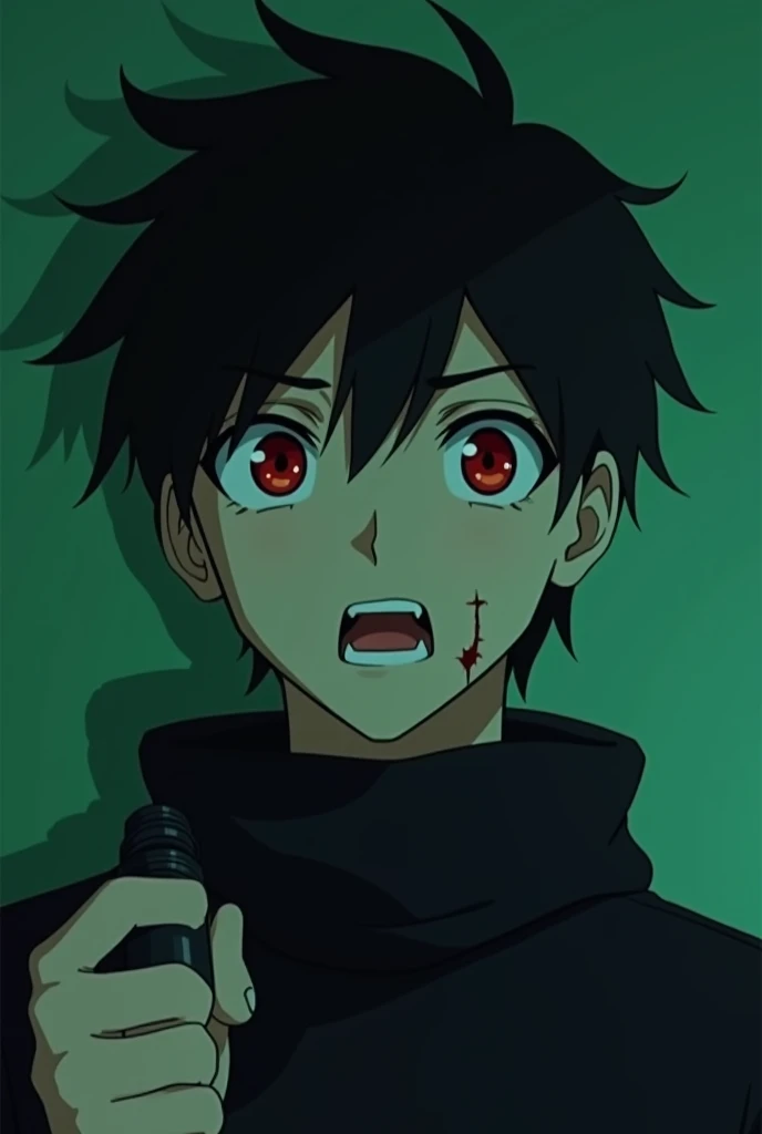 Create a man guy in anime style, Looking like you're 20 years old.  with black hair and red eyes, He has a small scar on his mouth.  He wears dark clothes and he has a flashlight in his hand looking worried. Put it on a green background