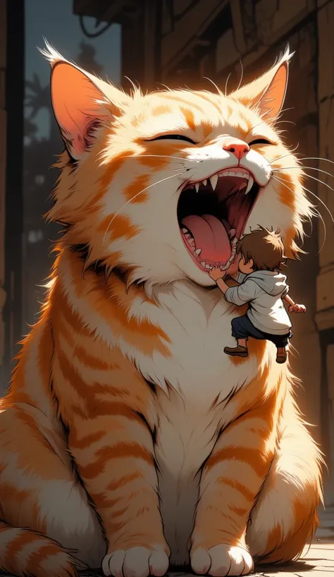 a fat ginger cat yawning, a tiny shrunken boy climbing up the cat's back, the boy has brown hair and white shirt