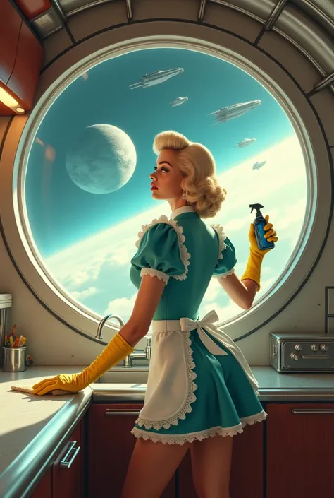 highly detailed and stylized retro-futuristic scene inside a spaceship, blending mid-20th-century aesthetics with futuristic elements. The central figure is a woman playboy model full body huge, enormous, gigantic round breasts, underbust, marked nipples, ...