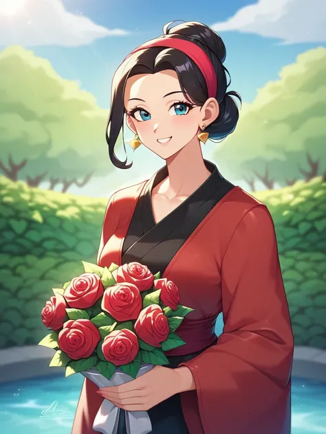 Chi-Chi a female character in Dragon ball anime series, she standing in a beautifull green garden, holding a bouquet of red roses, she wearing a shiny white wedding drees, she gave a charming smile, shiny skin, masterpice, ultra detail, most shiny skin, pe...