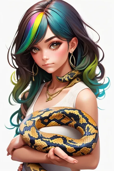 A beautiful girl, a snake around her, rainbow colors(masterpiece, best quality:1.2) 