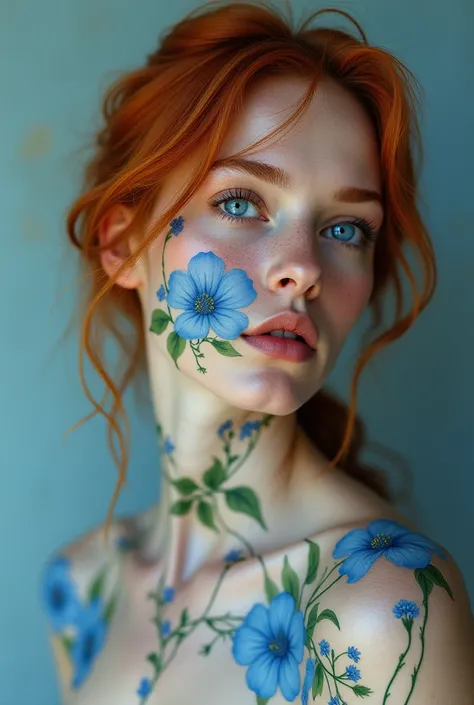 A striking, hyperrealistic full- body digital portrait of a woman 30 years old with a mesmerizing floral aroud her. Sensual, Athletic naked. She has Sky bue lily  blush and freckles, complementing her natural, curvy complexion face. Her deep blue eyes and ...