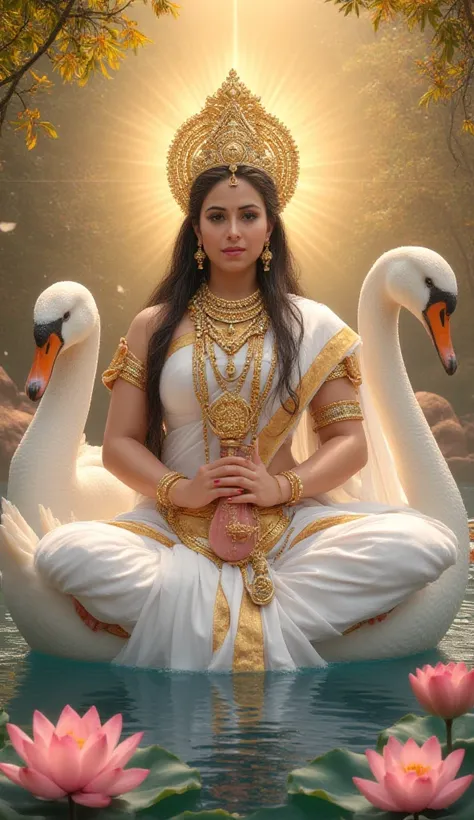 "Design a majestic and artistic depiction of Maa Saraswati. She is seated elegantly on a pristine white swan, holding a veena in her hands. She is adorned with intricate and beautiful traditional ornaments, wearing a pure white sari with golden borders. He...