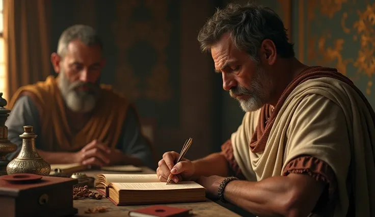 A soft, golden-hued flashback of Marcus Aurelius writing in his journal fades into a modern setting of someone doing the same.