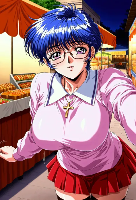 masterpiece, best quality, newest, highres, uncensored, 1girl, yokota mamoru style,1girl, slender face，motion lines, Kurata_arisu, blue hair, glasses, short hair, huge breasts, 1990s (style), yokota mamoru style, skirt, thighhighs, jewelry, necklace, zetta...