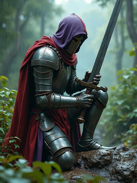 Detailed knight in destroy armour, red purple and grey colours, on one knee, trying put ou epic  sword from rock, (rainfall in  fores), Epic fantasy