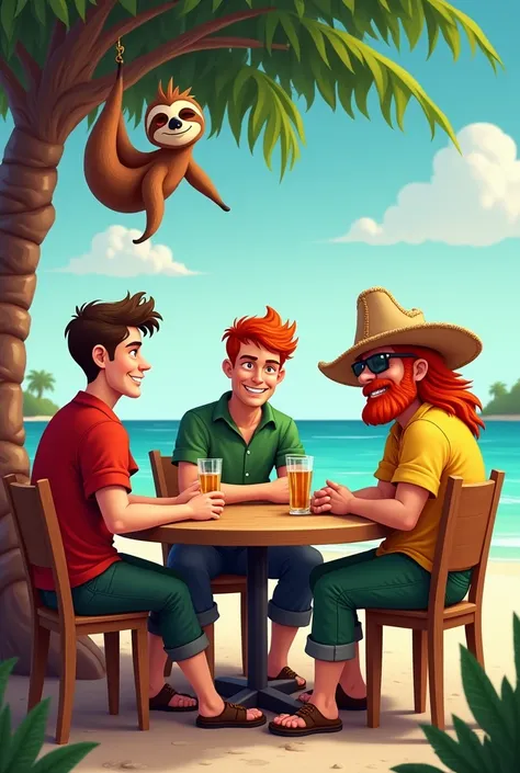 "Create an image featuring three people sitting around a bar table in an outdoor setting. The first is a young man with a leftist appearance, wearing a red shirt. The second is a man with a right-wing appearance, dressed in green and yellow clothing. The t...