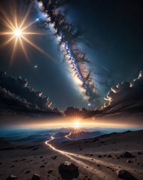 a high quality mystique art photograph of a milky way . Mistique view. Seeing earth in the background and a big sun almost swallowing earth, reaching a lot of sun rays flashnig direction of planet earth. Dark Clouds with lightnings , a lot of sparkling sta...