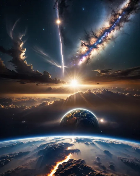 a high quality mystique art photograph of a milky way . Mistique view. Seeing earth in the background and a big sun almost swallowing earth, reaching a lot of sun rays flashnig direction of planet earth. Dark Clouds with lightnings , a lot of sparkling sta...