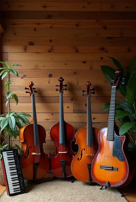 A room with a wooden background wall with musical instruments without a chair 