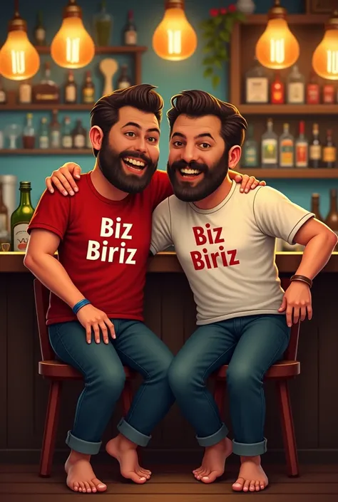 Create an image of two happy Turkish friends at a bar, Drinking Raki,  and on the shirt of each of them written the phrase Biz Biriz in the Turkish language. These two friends,  must be larger and one less tall, and both must have mustaches . And one of th...