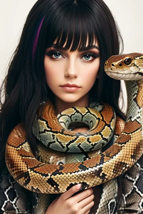 A beautiful girl, a snake as a scarf, rainbow colors, cinematic, (masterpiece, best quality:1.2), background 