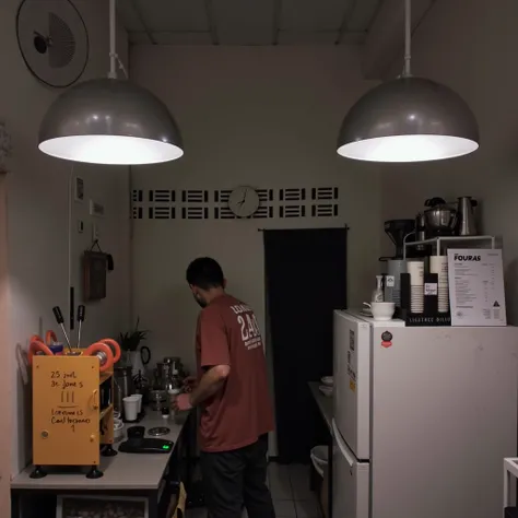 A male barista making coffee in a dim room, Ghibli Style, Immersive Lightning, Dynamic Colors, High Resolution, Accurate, Super Detailed, High Quality, 