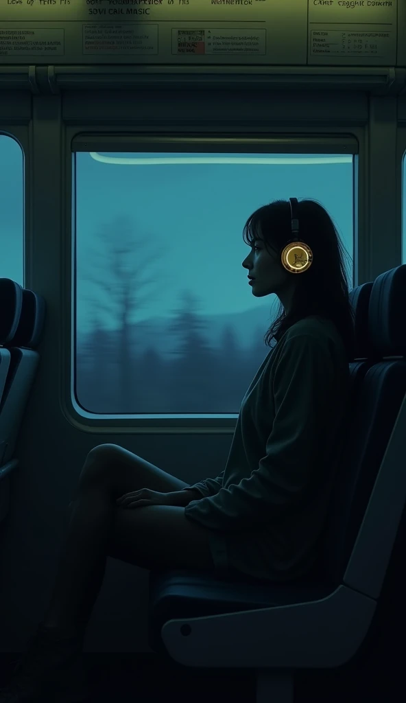 a woman sitting on the train seat next to a window with headphones in a train car alone at midnight