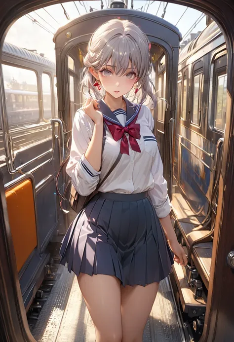  and scary school uniform, 1 girl, sexy pose , best quality,masterpiece, illustration of a train, extremely delicate and beautiful ,CG,Unity,8k wallpaper, is amazing, detailed ,masterpiece, Official Art, very detailed CG Unity 8k wallpaper, Unbelievably Ab...