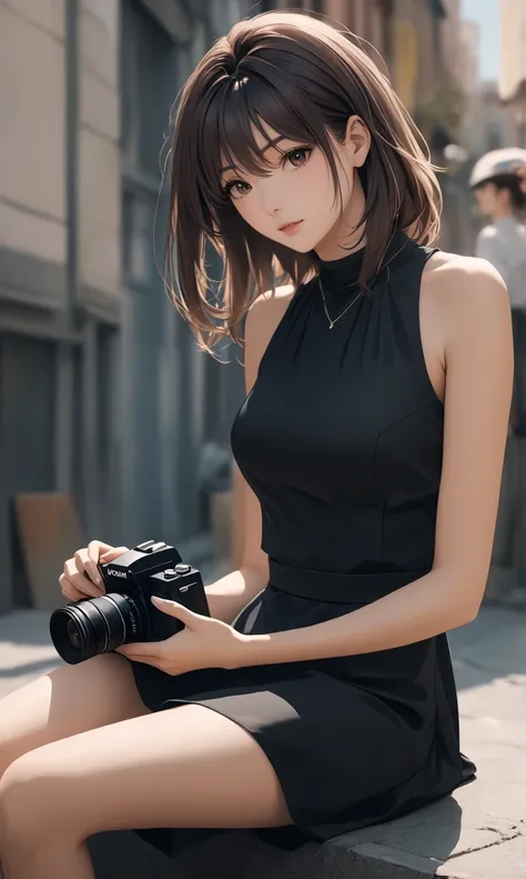 sleeveless dress,adult woman,cool hair,attractive body,sitting, background: random, cinematic, cinematic camera angle 