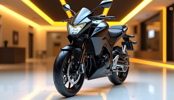 Create an ultra-detailed 3D render straight front view , of a modern (Model) with a bold design captured from straight (Yamaha yd 125 ). The motorcycle should feature a 'Gleamy ( color) ' color with a 'brand'   ' logo on its front, a large white detailed g...