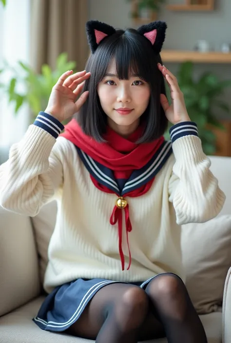 ＡJapanese woman with a very beautiful beauty like an actress
A playful and cute young woman sitting on a modern, light-colored sofa in a cozy, well-lit interior. She is wearing a white sailor-style school uniform sweater with navy blue trim and a red scarf...