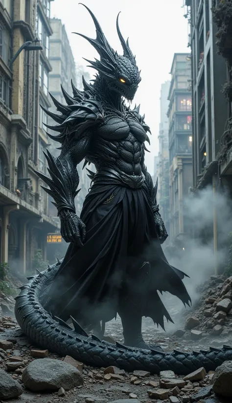 Ryuzu-san 、male、 half of a dragon and a human 、 emits a black aura from the human body 、Long neck、 on the dragon's head、Wearing black trousers、 is in a ruined city 、