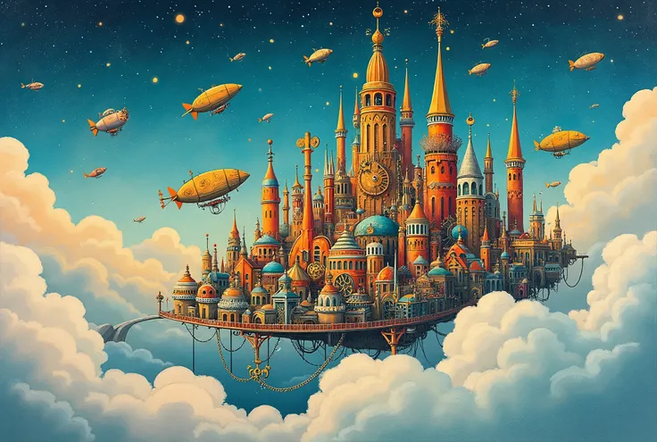 Illustration of a picture of a city with lots of different things, Picture book illustration by Yanagawa Nobusada ,  acrylic painting inspired by the picture of the CG Society contest winner ,   naive art , in  steampunk city scape, Cities in the Sky , Sor...