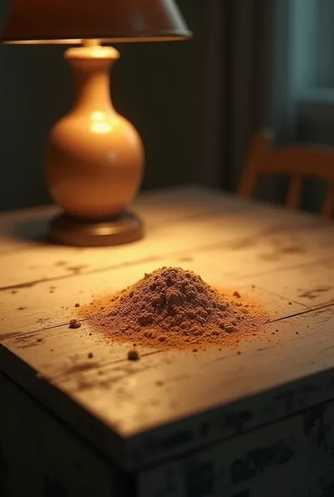 light brown heroin powder on a wooden table with lamp lighting