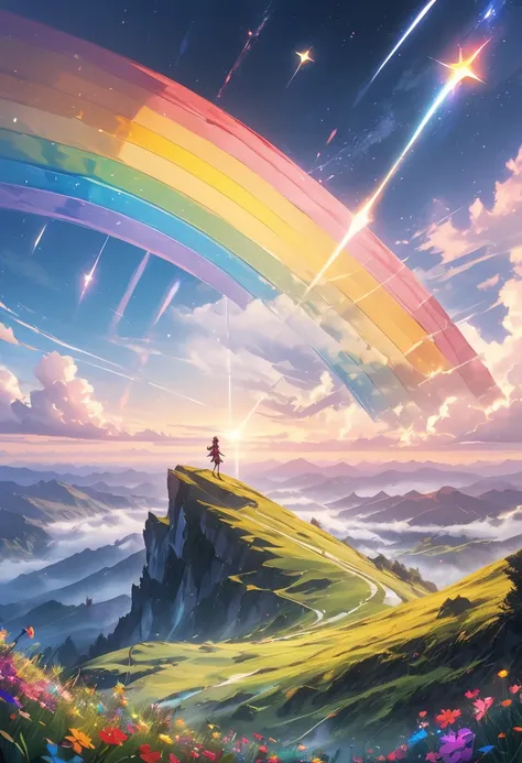 (((Wish upon a star over the rainbow))), anime style, masterpiece, ultra-detailed, vibrant colors, pop art style,dynamic composition, soft lighting, fantasy landscape, magical realism, adventurous spirit, bright color palette, intricate details, dreamlike ...