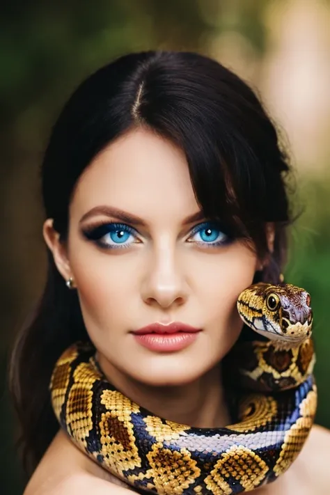 Photo of A beautiful girl, a snake as a scarf, rainbow colors, portrait, blue eyes, lips, cinematic, (masterpiece, best quality:1.2), background, bokeh, Depth of field, 4k