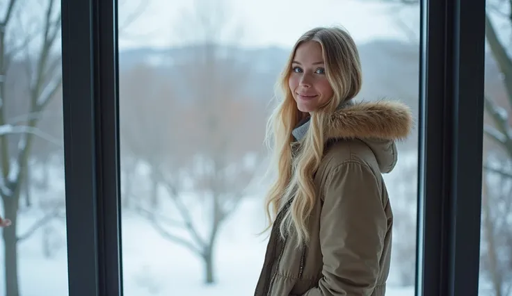  High quality. A real western girl with 18 years old with beyond floor length blonde hair and see her "whole" body standing on the right of floor to ceiling window, must see her whole body. The scenario of window shows winter city in modern city. This grap...