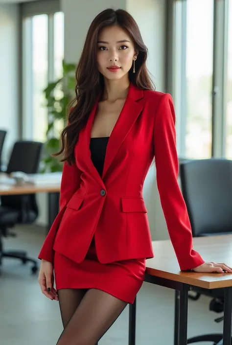 ＡJapanese woman with a very beautiful beauty like an actress
A professional and elegant woman posed confidently in a modern office environment, wearing a striking red business suit. The suit consists of a tailored blazer with defined lapels and a fitted mi...