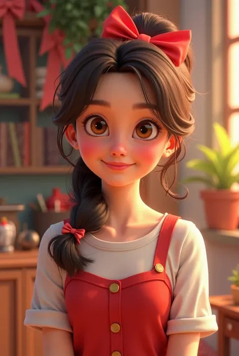  visos
Copy prompts
Pixar style a 28-year-old woman,  with dark brown hair , Loose hair ,king ,  light eyes  , with bows and ribbons in a studio look severe  . wearing a gardener,The background with vibrant colors  ,  a cheerful and colorful environment ,A...