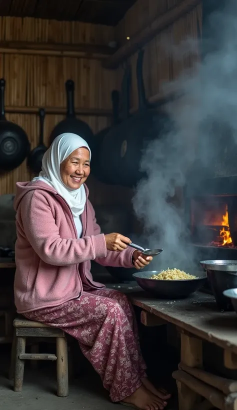 Realistic photo,  seen inside the village kitchen a beautiful mature dutch indonesian girl dimples smiling, wear a white hijab wear a thick pink sweater, wear a hoodi jacket with an open front zipper, wear tight batik sarong bottoms, is sitting cooking in ...