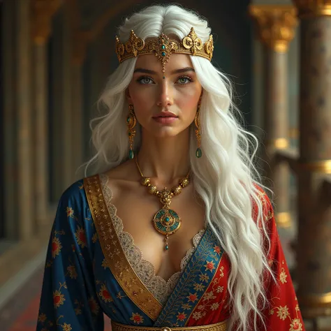 /img Create a surreal portrait of a Persian queen from the Viking Empire. She has white, flowing hair and she is dressed in the luxurious and detailed clothing of the era, including a long, flowing robe embroidered with gold thread, and a very small, elabo...