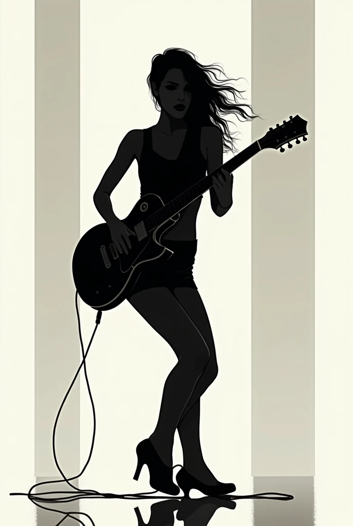 Create the silhouette of a female guitarist with a minimalist and linear style