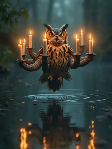 An owl with 6 arms carrying candles above the water 