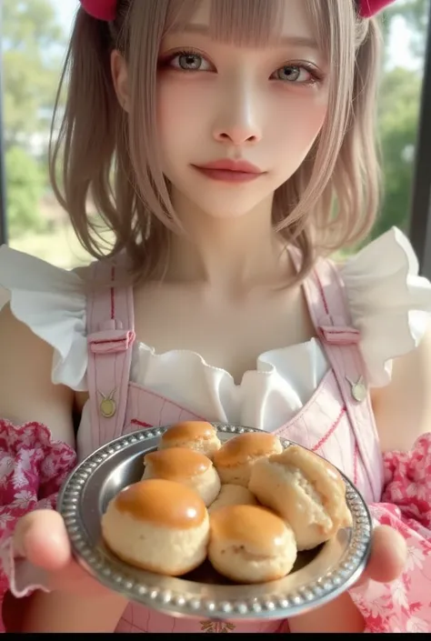 a cute japanese woman wearing an apron, holding a plate of cream puffs at her chest, hyperrealistic, highly detailed, 8k, photorealistic, intricate details, masterpiece, graceful, natural lighting, warm tones, soft shadows, delicate, feminine, serene expre...