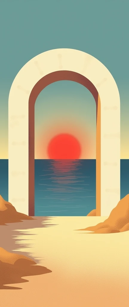 minimalist poster, with an arch bordering the water, red sun, blue and yellow color, sand, modern,