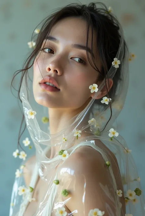          A professional model poses for a fashion photo shoot        、Fair photography  , realistic skin   .          She's completely wrapped in transparent film         ,        There are many flowers blooming under the membrane that covers her skin .   ...