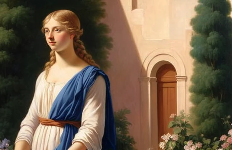  arfed image of a woman in a blue dress holding a basket, inspired  by Christoffer Wilhelm Eckersberg ,  by Christoffer Wilhelm Eckersberg ,  by Johann Friedrich Overbeck , majestic holy woman, inspired  by Johann Friedrich Overbeck , neoclassical painting...