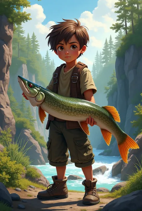 Create for me a beautiful image of a boy with brown hair who is carrying a huge pike in his hands in a wild setting