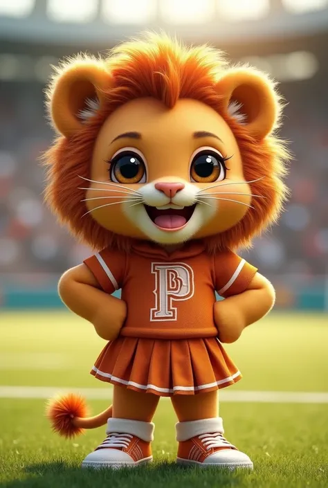 photorealistic portrait of Dressed animals - a ((fat)) chibi (baby lion) cheerleader,(art by Giuseppe Arcimbold:1.2),(full body image:1.3), (hands on hips:1.5),(furry), (happy smile:1.5),high quality,(lovely) , highly detailed cute  top with team logo ,int...