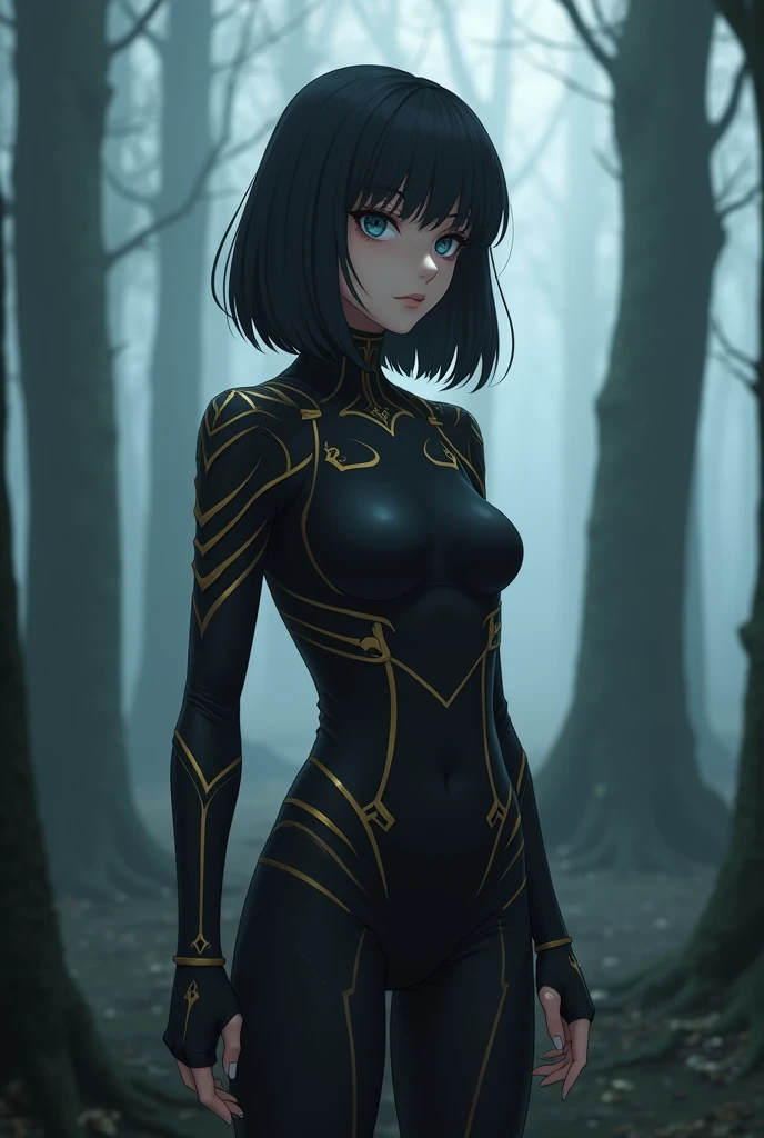 4K anime style quality, digital drawing mode, a calm and mysterious young woman with shoulder length black hair and deep blue eyes, wearing a sleek black combat outfit with intricate golden design, standing in an eerie forest shrouded in mist, full body, f...